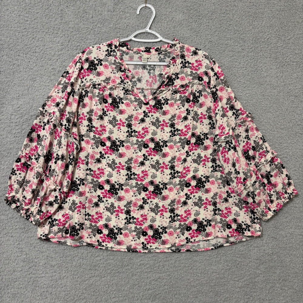 Boho‎ Casual Floral Blouse Pink Black Ruffle Sleeve Lightweight Top 22/24W